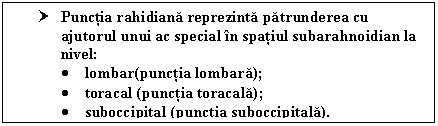 Text Box: † Punctia rahidiana reprezinta patrunderea cu ajutorul unui ac special in spatiul subarahnoidian la nivel:
 lombar(punctia lombara); 
 toracal (punctia toracala);
 suboccipital (punctia suboccipitala).




